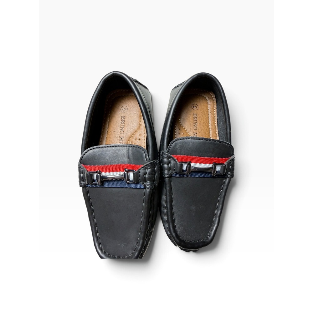 Bruno Marc Boys Black Loafers Driving Mocs Red White Blue Stripe Size 9 Toddler
